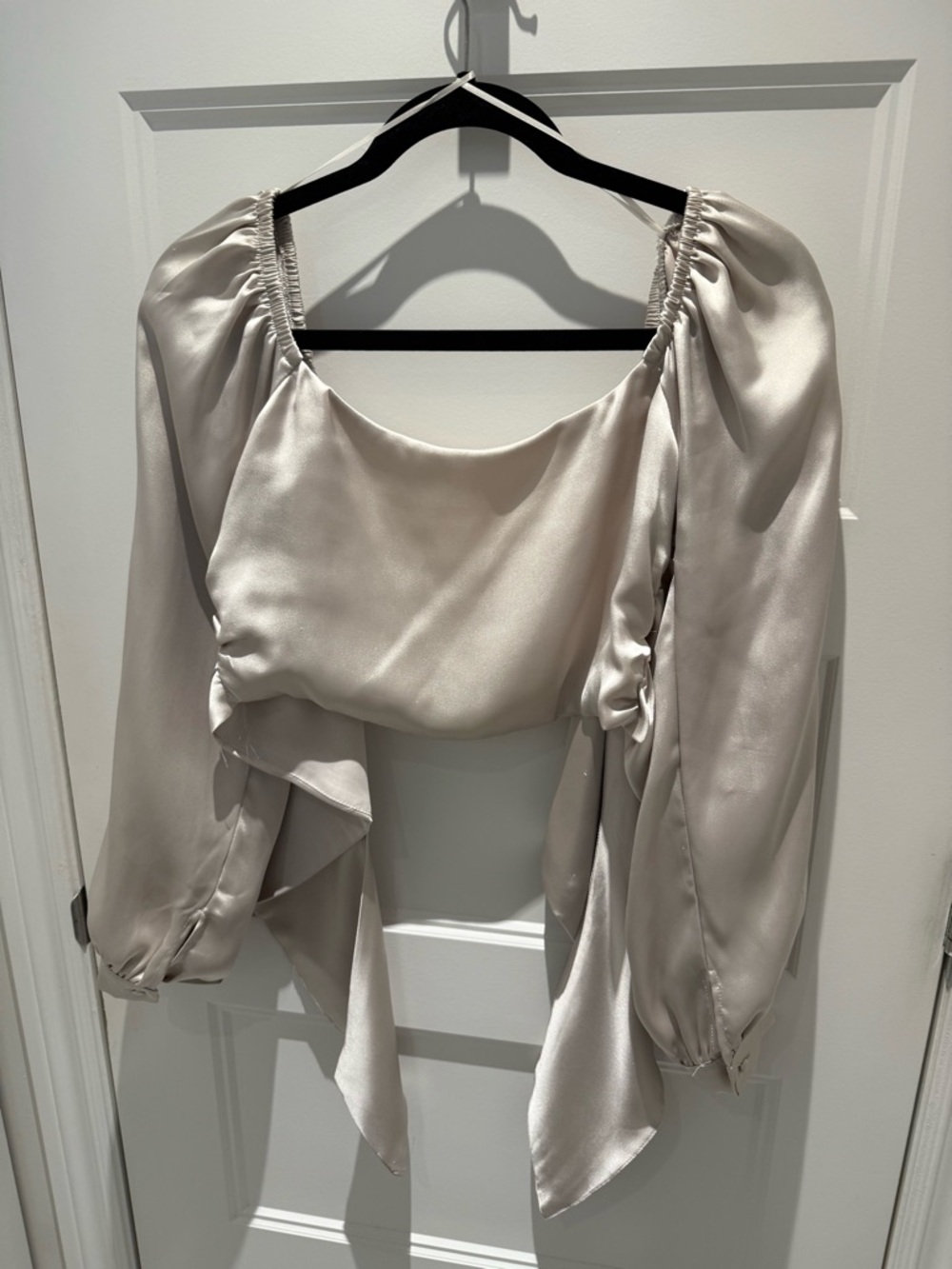 Dynamite Satin Scoop Tie-Back Blouse in Soft Cream - Picture 3 of 8